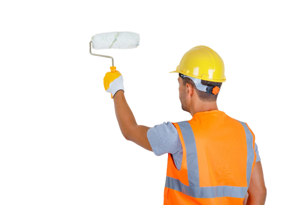 male builder uniform helmet gloves painting wall with roller back view male builder uniform helmet gloves painting wall with roller back view