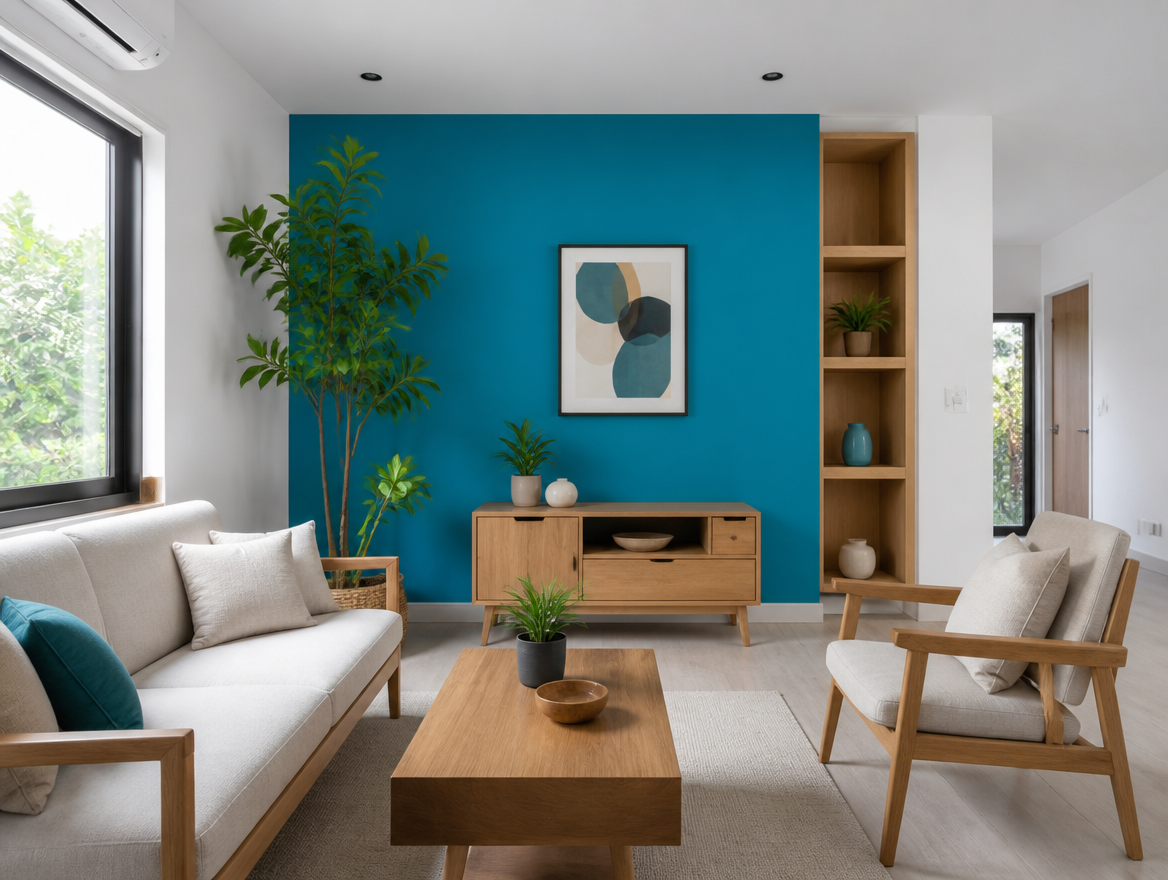Ruang Tamu Netral Modern Aksen Biru